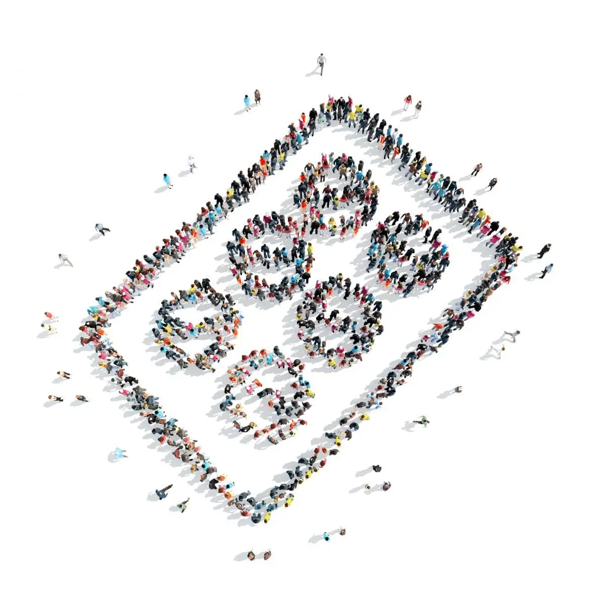 Large group of people organised to display outline of a medicine packet