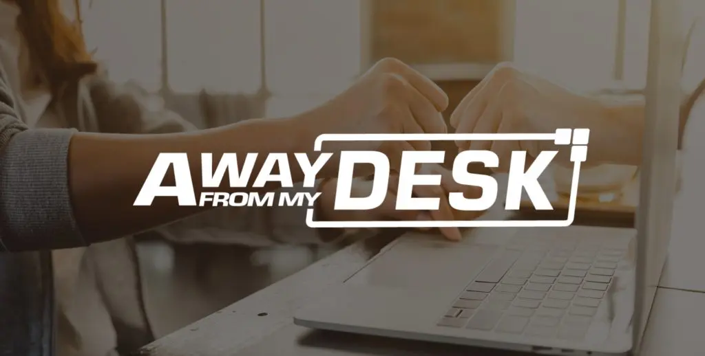 Woman clicking her mouse, with the other wrist clenching with the away from my desk logo on top of it