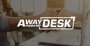Woman clicking her mouse, with the other wrist clenching with the away from my desk logo on top of it