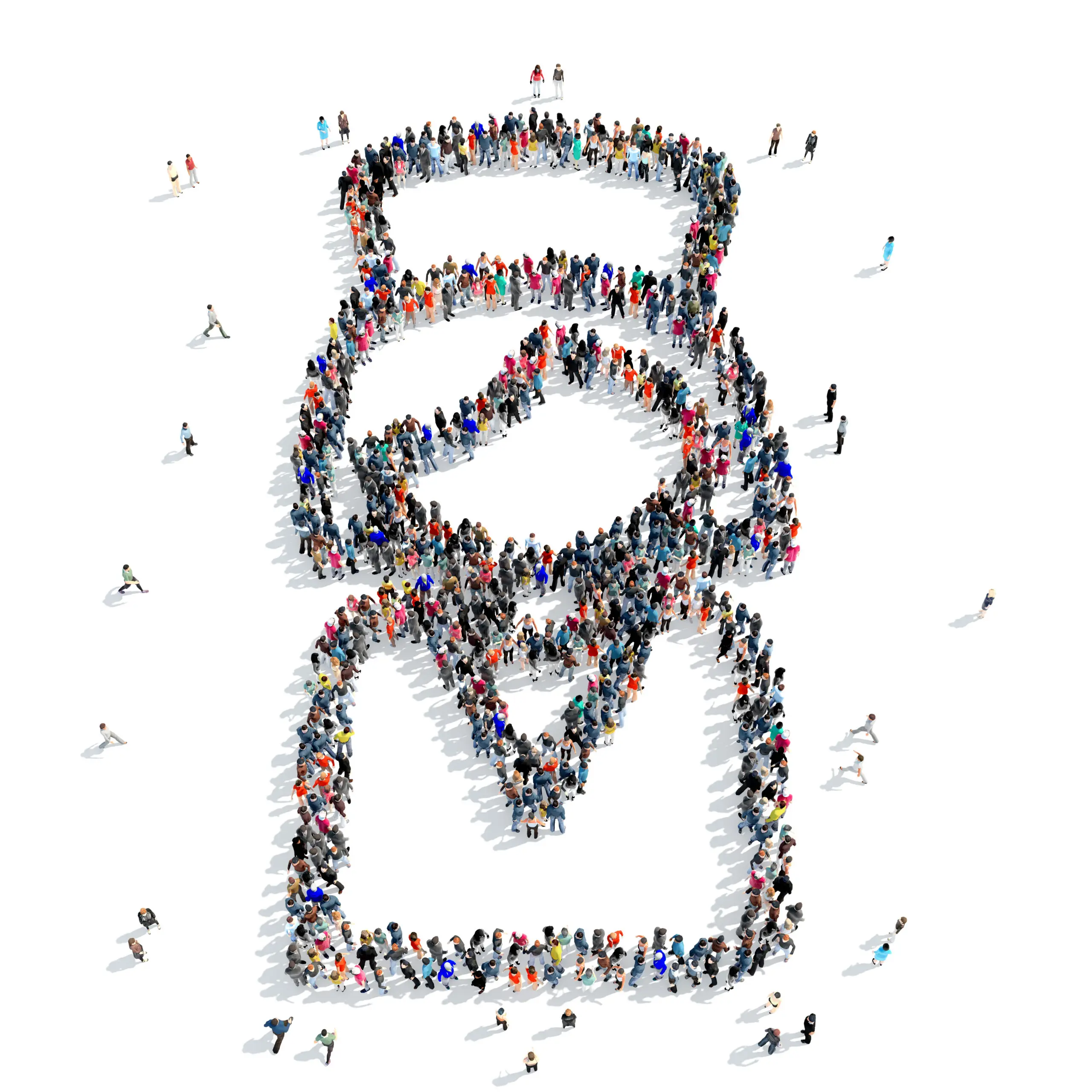 Large group of people stood up together to form the silhouette of a nurse, on a white background