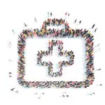 Large group of people stood up together to form the silhouette of a NHS cross in a square, on a white background