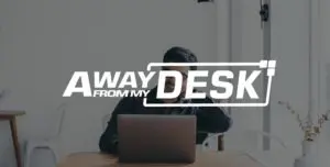 Man smiling on his laptop with the away from my desk logo on top of it