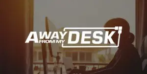 A woman looking at a computer screen with the Away From My Desk logo on top of it