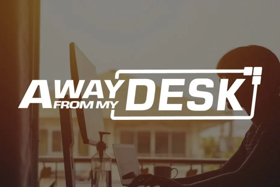 A woman looking at a computer screen with the Away From My Desk logo on top of it