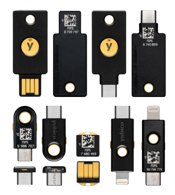 Yubikey 5 Series FIPS family 6 types of yubikeys back and front