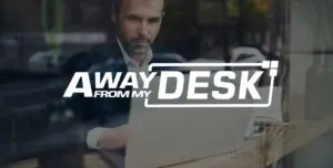 man in a suit looking at his computer with the Away From My Desk logo on top of it