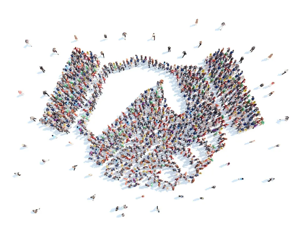 Large group of people in the form of a handshake. Isolated, white background.
