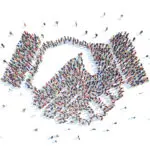 Large group of people in the form of a handshake. Isolated, white background.