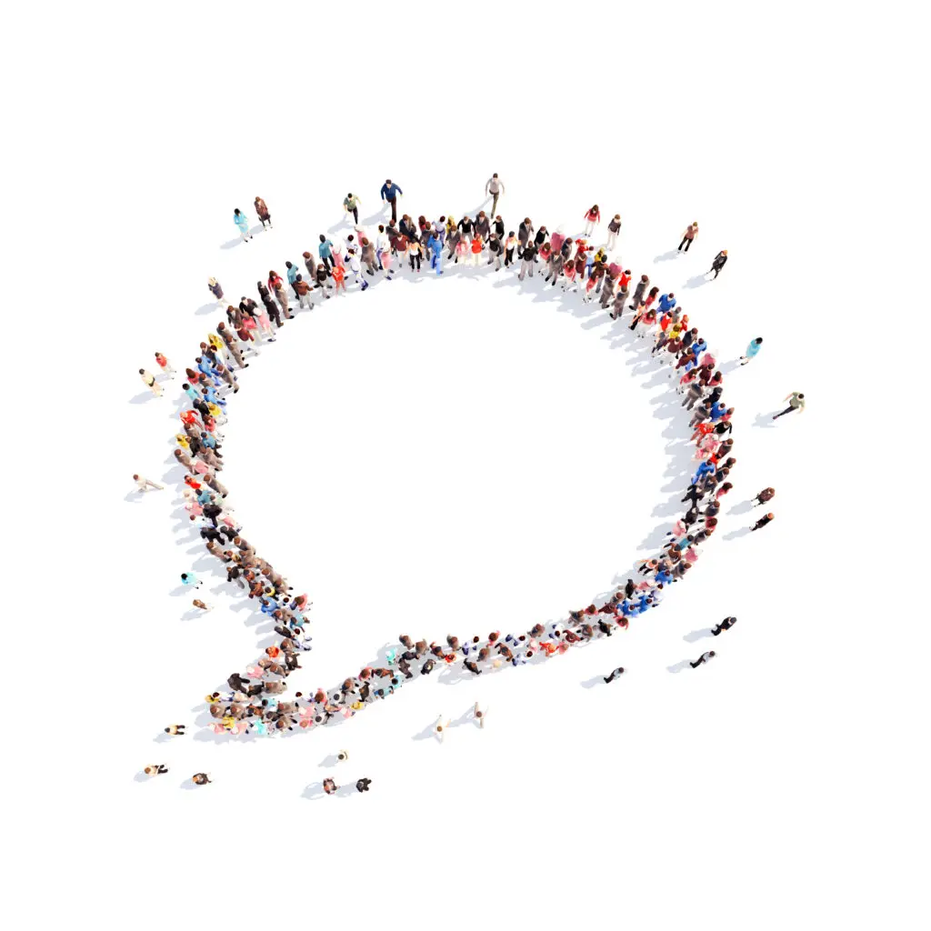 Large group of people in the shape of a chat bubble.White background