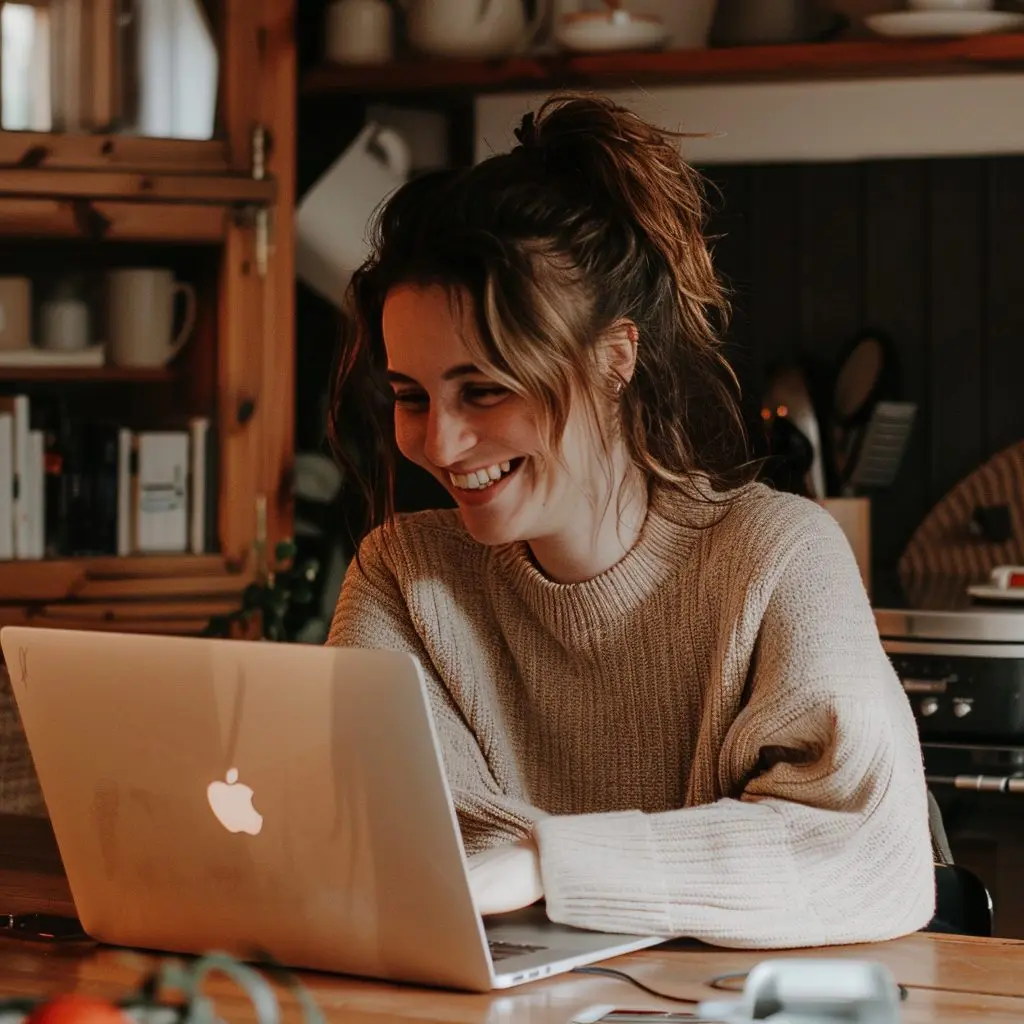 a person smiling while working on a laptop