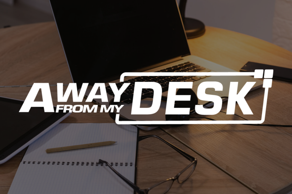 A picture with a computer, iPad and notebook next to each other with the Away From My Desk logo on top of it