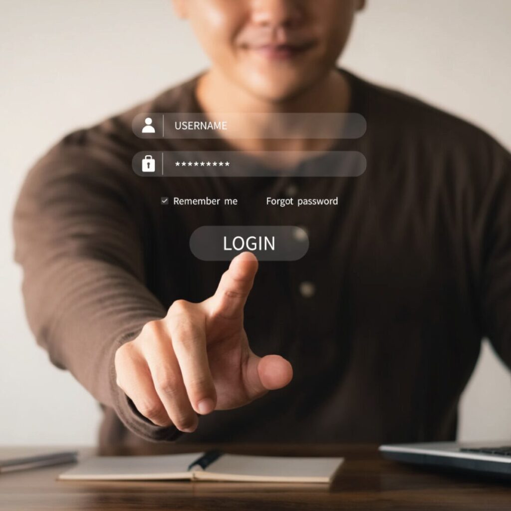 Blurred out background of a young man pointing his finger. The non-blurred part of the background shows a 'Username' box and 'Password' box, with a login option below